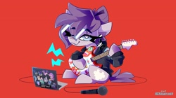 Size: 4096x2301 | Tagged: safe, artist:nekosnicker, imported from derpibooru, oc, oc only, oc:vylet, pegasus, pony, computer, glasses, guitar, laptop computer, microphone, musical instrument, musician, red background, simple background, solo