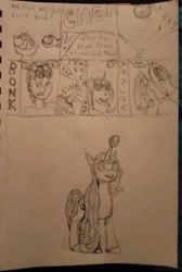 Size: 2140x3176 | Tagged: safe, artist:brilliantverve, imported from derpibooru, izzy moonbow, human, pony, unicorn, ball, comic, g5, high res, horn, horn impalement, hornball, human to pony, tennis ball, traditional art, transformation, transformation sequence