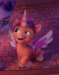 Size: 436x554 | Tagged: safe, imported from derpibooru, screencap, sunny starscout, earth pony, pony, spoiler:my little pony: a new generation, 3d, cardboard wings, cropped, cute, eyebrows, fake horn, fake wings, female, filly, filly sunny starscout, foal, foreshadowing, g5, my little pony: a new generation, open mouth, raised leg, solo, sunnybetes