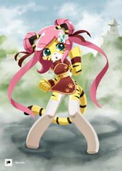 Size: 1000x1407 | Tagged: safe, artist:howxu, imported from derpibooru, fluttershy, anthro, big cat, tiger, :o, alternate hairstyle, breasts, cheongsam, clothes, eyebrows, eyebrows visible through hair, fangs, female, open mouth, socks, solo, species swap, stockings, tail, thigh highs, tigershy