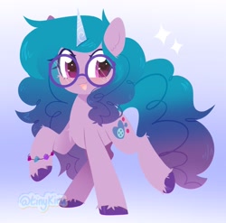 Size: 2048x2023 | Tagged: safe, artist:tinykiru, imported from derpibooru, izzy moonbow, pony, unicorn, spoiler:my little pony: a new generation, bracelet, female, g5, glasses, happy, high res, jewelry, mare, my little pony: a new generation, open mouth, raised hoof, solo, unshorn fetlocks