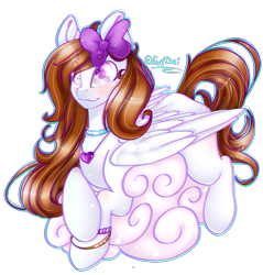 Size: 2971x3103 | Tagged: safe, artist:fantisai, imported from derpibooru, oc, oc only, pegasus, pony, bow, bracelet, choker, cloud, eye clipping through hair, female, hair bow, high res, jewelry, mare, necklace, on a cloud, pegasus oc, signature, simple background, smiling, solo, transparent background, wings