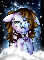 Size: 931x1257 | Tagged: safe, artist:millefaller, imported from derpibooru, oc, oc only, pegasus, pony, blushing, clothes, eyelashes, female, frown, frozen, mare, pegasus oc, scarf, signature, snow, solo, wings