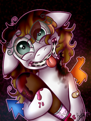 Size: 960x1280 | Tagged: safe, artist:millefaller, imported from derpibooru, oc, oc only, earth pony, llama, pegasus, pony, :p, bandaid, baseball bat, braces, earth pony oc, eye clipping through hair, eyelashes, female, hoof hold, insanity, mare, paint, smiling, solo, tongue out