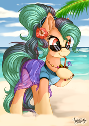 Size: 2894x4093 | Tagged: safe, artist:julunis14, imported from derpibooru, oc, oc only, earth pony, pony, alcohol, beach, bracelet, clothes, cloud, coat markings, cocktail, cocktail umbrella, commission, day, drink, ear fluff, female, flower, flower in hair, high ponytail, hoof hold, jewelry, mare, ocean, one-piece swimsuit, outdoors, palm tree, pareo, ponytail, sand, sarong, scrunchie, sky, smiling, solo, straw in mouth, sunglasses, swimsuit, tree, water