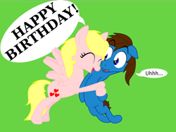 Size: 2088x1565 | Tagged: safe, artist:zombietator, imported from derpibooru, oc, oc only, oc:claire, earth pony, pegasus, pony, bipedal, confused, duo, earth pony oc, eyelashes, female, green background, happy birthday, hug, male, mare, pegasus oc, simple background, smiling, stallion, wings