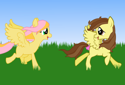 Size: 990x673 | Tagged: safe, alternate version, artist:zombietator, imported from derpibooru, oc, oc only, pegasus, pony, colored, duo, female, grass, looking back, mare, pegasus oc, raised hoof, wings