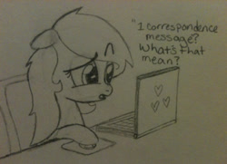 Size: 1001x723 | Tagged: safe, artist:zombietator, imported from derpibooru, oc, oc only, oc:claire, pegasus, pony, bust, computer, confused, eyelashes, female, hoof hold, laptop computer, mare, talking, traditional art