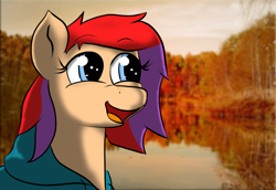 Size: 1100x758 | Tagged: safe, artist:tranzmuteproductions, imported from derpibooru, oc, oc only, earth pony, pony, clothes, earth pony oc, eyelashes, female, mare, outdoors, pond, solo, tree