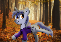 Size: 1100x758 | Tagged: safe, artist:tranzmuteproductions, imported from derpibooru, oc, oc only, oc:aeon of dreams, pony, unicorn, horn, male, outdoors, smiling, solo, stallion, tree, unicorn oc
