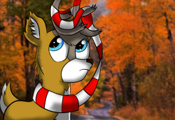 Size: 1100x758 | Tagged: safe, artist:tranzmuteproductions, imported from derpibooru, oc, oc only, oc:tyandaga, deer, antlers, bust, clothes, ear fluff, frown, male, outdoors, scarf, solo, tree