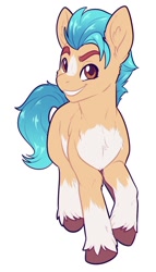 Size: 658x1149 | Tagged: safe, artist:fizzy-dog, imported from derpibooru, hitch trailblazer, earth pony, pony, spoiler:my little pony: a new generation, blaze (coat marking), chest fluff, coat markings, facial markings, g5, looking at you, male, my little pony: a new generation, pale belly, simple background, smiling, solo, stallion, white background