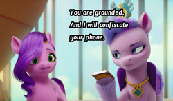 Size: 1372x800 | Tagged: safe, edit, edited screencap, imported from derpibooru, screencap, pipp petals, queen haven, pegasus, pony, spoiler:my little pony: a new generation, 3d, cellphone, g5, grounded, my little pony: a new generation, phone, smartphone