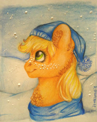 Size: 810x1018 | Tagged: safe, artist:skior, imported from derpibooru, applejack, pony, snow, solo, traditional art