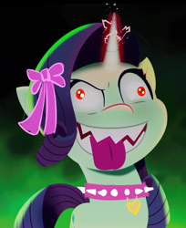 Size: 664x813 | Tagged: safe, edit, edited screencap, editor:horsesplease, imported from derpibooru, screencap, rarity, pony, unicorn, spoiler:my little pony: a new generation, 1000 hours in ms paint, bow, collar, derp, evil, evil grin, evil rarity, g5, grin, majestic as fuck, my little pony: a new generation, panting, rarara, raridog, raripoodle, smiling, spiked collar, sproutity, stupid, tongue out