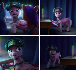 Size: 1638x1506 | Tagged: safe, imported from derpibooru, screencap, izzy moonbow, sunny starscout, earth pony, pegasus, pony, unicorn, spoiler:my little pony: a new generation, 3d, badge, baseball cap, cap, control panel, facial hair, female, g5, goatee, hat, headphones, male, mare, my little pony: a new generation, ruddy sparks, scared, solo focus, stallion, yelling