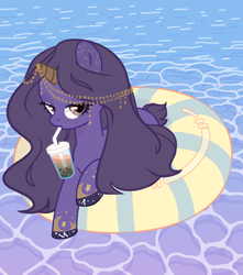 Size: 1800x2040 | Tagged: safe, artist:jelisicli, imported from derpibooru, oc, oc only, oc:urania, pony, boba tea, constellation, constellation pony, female, floaty, horn, horn jewelry, jewelry, long mane, looking at you, mare, ocean, short tail, solo, stars, tail