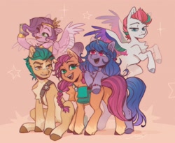 Size: 3364x2761 | Tagged: safe, artist:swoops_star, imported from derpibooru, hitch trailblazer, izzy moonbow, pipp petals, sunny starscout, zipp storm, earth pony, pegasus, pony, unicorn, spoiler:my little pony: a new generation, adorapipp, adorazipp, applejack's cutie mark, badge, bag, bracelet, braid, butt, cellphone, cheek fluff, chest fluff, coat markings, cute, female, flying, g5, group, high res, jewelry, male, mane five (g5), mare, my little pony: a new generation, one eye closed, open mouth, phone, plot, quintet, rainbow dash's cutie mark, raised eyebrow, royal sisters (g5), sheriff's badge, siblings, sisters, sitting, smiling, socks (coat markings), stallion, stars, unshorn fetlocks, wings, wink