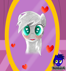 Size: 3840x4154 | Tagged: safe, alternate version, artist:damlanil, imported from derpibooru, oc, oc only, oc:nightlight aura, latex pony, original species, pegasus, pony, blue sclera, blushing, carousel boutique, commission, cute, happy, heart, heart eyes, latex, living latex, looking at you, mind control, mirror, open mouth, rubber, shiny, shiny mane, simple background, smiling, solo, symbiote, transformation, vector, wingding eyes