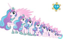 Size: 872x546 | Tagged: safe, artist:soft_angel, imported from derpibooru, princess flurry heart, alicorn, pony, age progression, baby, baby pony, colored wings, crown, crystal heart, diaper, ethereal mane, ethereal tail, female, filly, filly flurry heart, gradient wings, hoof shoes, horn, jewelry, mare, mlpp, older, older flurry heart, raised hoof, regalia, simple background, smiling, swaddling, tail, teenager, transparent background, wings, younger