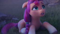 Size: 1016x569 | Tagged: safe, edit, edited screencap, editor:torpy, imported from derpibooru, screencap, sunny starscout, earth pony, pony, spoiler:my little pony: a new generation, 3d, broken, fail, failure, female, g5, grass, mare, my little pony: a new generation, one ear down, rubble