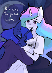 Size: 1446x2039 | Tagged: safe, artist:meliciamelano, imported from derpibooru, princess celestia, princess luna, alicorn, anthro, bed, blushing, clothes, cute, cutelestia, dark, duo, eyes closed, female, hug, lunabetes, night, royal sisters, siblings, sisters, smiling, snuggling