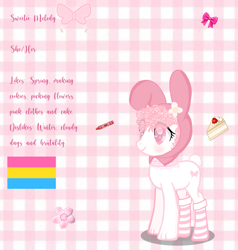 Size: 1561x1640 | Tagged: safe, artist:soft_angel, imported from derpibooru, oc, oc only, oc:sweetie melody, earth pony, pony, animal costume, blushing, bow, bunny costume, bunny ears, bunny tail, cake, chalk, choker, clothes, costume, curly hair, curly mane, cute, female, flower, food, my melody, pansexual pride flag, paws, pink mane, pride, pride flag, sanrio, socks, striped socks, tail