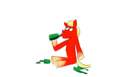 Size: 1024x631 | Tagged: safe, artist:horsesplease, imported from derpibooru, sprout cloverleaf, semi-anthro, alcohol, alone, beer, bottle, drunk, emperor sprout, fuck you, g5, sad, sad sprout, sitting, solo, that pony sure does love tequila, vulgar description