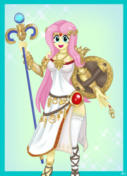 Size: 1600x2222 | Tagged: safe, artist:lennondash, imported from derpibooru, fluttershy, equestria girls, clothes, cosplay, costume, crossover, crown, dress, female, jewelry, kid icarus, open mouth, out of frame, palutena, regalia, shield, solo, strapless