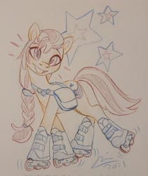 Size: 1727x2048 | Tagged: safe, artist:creeate97, imported from derpibooru, sunny starscout, earth pony, pony, spoiler:my little pony: a new generation, bag, colored pencil drawing, female, g5, mare, my little pony: a new generation, pin, roller skates, rollerblades, saddle bag, simple background, skates, solo, traditional art, white background