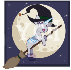 Size: 600x588 | Tagged: safe, artist:happy-go-creative, imported from derpibooru, pony, broom, commission, flying, flying broomstick, halloween, holiday, moon, nightmare night, solo, witch, ych sketch, your character here