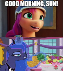Size: 609x683 | Tagged: safe, edit, edited screencap, imported from derpibooru, screencap, princess luna, sunny starscout, alicorn, earth pony, pony, a royal problem, spoiler:my little pony: a new generation, 3d, apple, bags under eyes, banana, caption, crown, eating, female, folded wings, food, fruit, g4, g5, glowing, glowing horn, gonna be my day, grapes, green eyes, herbivore, horn, image macro, jewelry, lidded eyes, lip bite, luna is not amused, magic, mare, my little pony: a new generation, open mouth, open smile, peytral, pineapple, puffy cheeks, regalia, smiling, telekinesis, text, tired, unamused, wings