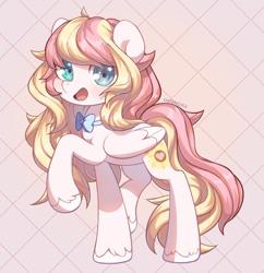 Size: 1423x1470 | Tagged: safe, artist:cherrnichka, imported from derpibooru, oc, oc only, oc:ninny, pegasus, pony, bowtie, female, folded wings, heterochromia, looking at you, mare, open mouth, raised hoof, signature, simple background, solo, unshorn fetlocks, wings