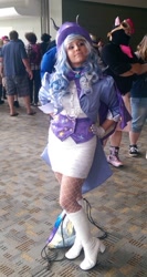 Size: 369x693 | Tagged: safe, artist:donnyku, artist:mieucosplay, imported from derpibooru, trixie, human, bronycon, bronycon 2014, boots, cape, clothes, cosplay, costume, cropped, hand on hip, hat, high heel boots, irl, irl human, photo, shoes, trixie's cape, trixie's hat