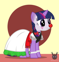 Size: 838x882 | Tagged: safe, artist:wheatley r.h., derpibooru exclusive, imported from derpibooru, oc, oc only, oc:twi clown, pony, unicorn, bow, bowtie, clone, clothes, clown, clown makeup, cuffs, female, happy, mare, mexican, mexico, regional suit, simple background, solo, spanish description, vector, watermark