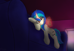 Size: 3118x2178 | Tagged: safe, artist:flapstune, imported from derpibooru, dj pon-3, vinyl scratch, pony, unicorn, couch, cutie mark, female, fluffy, high res, horn, lying down, magic, magic aura, mare, phone, sad, solo