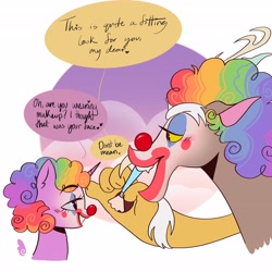 Size: 4096x4096 | Tagged: safe, artist:yesterdaysbites, imported from derpibooru, discord, twilight sparkle, alicorn, draconequus, pony, antlers, brush, cloud, clown, clown makeup, clown nose, discolight, duo, duo focus, fangs, female, looking at each other, makeup, male, multicolored hair, music in description, rainbow hair, raised eyebrow, red nose, shipping, speech bubble, straight, talking, text, twilight sparkle (alicorn), twily the clown, upper body