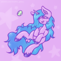 Size: 1500x1500 | Tagged: safe, artist:shad0w-galaxy, imported from derpibooru, izzy moonbow, pony, unicorn, spoiler:my little pony: a new generation, ball, female, g5, hooves, horn, izzy's tennis ball, long mane, mare, my little pony: a new generation, open mouth, simple background, smiling, solo, tennis ball