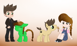 Size: 2817x1707 | Tagged: safe, artist:dyonys, imported from derpibooru, oc, oc only, oc:lucky brush, oc:night chaser, human, pony, chibi, clothes, cute, female, food, ice cream, male, mare, mlem, petting, silly, stallion, tongue out