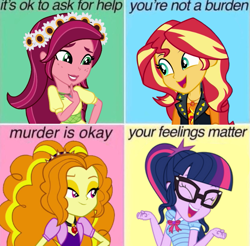 Size: 829x815 | Tagged: safe, imported from derpibooru, adagio dazzle, gloriosa daisy, sci-twi, sunset shimmer, twilight sparkle, human, equestria girls, equestria girls series, legend of everfree, rainbow rocks, dissonant caption, eyes closed, female, lidded eyes, meme, murder is okay, one of these things is not like the others, open mouth, open smile, smiling, text