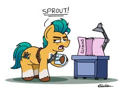 Size: 2092x1540 | Tagged: safe, artist:bobthedalek, imported from derpibooru, hitch trailblazer, earth pony, pony, spoiler:g5, spoiler:my little pony: a new generation, blaze (coat marking), coat markings, crumbs, donut, facial markings, food, g5, hitch trailblazer is not amused, implied sprout cloverleaf, inconvenient sprout, male, moral event horizon, mug, my little pony: a new generation, socks (coat markings), stallion, that pony sure does love donuts, unamused