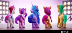 Size: 1920x886 | Tagged: safe, edit, imported from derpibooru, screencap, hitch trailblazer, izzy moonbow, pipp petals, sunny starscout, zipp storm, earth pony, pegasus, unicorn, spoiler:g5, spoiler:my little pony: a new generation, animated, butt shake, female, g5, male, mare, music, my little pony: a new generation, netflix logo, out of context, sound, stallion, webm
