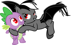Size: 1119x714 | Tagged: safe, artist:porygon2z, imported from ponybooru, rainbow dash, spike, bat pony, dragon, pony, undead, vampire, vampire bat pony, alternate eye color, bat ponified, bedroom eyes, confused, count dashula, fangs, female, grin, male, naughty, race swap, rainbowspike, red eyes, seductive, shipping, simple background, smiling, smirk, straight, transparent background, vector