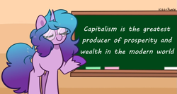 Size: 1199x643 | Tagged: safe, artist:kittyrosie, edit, imported from ponybooru, izzy moonbow, pony, unicorn, capitalism, chalkboard, exploitable meme, female, g5, glasses, mare, meme, ponybooru exclusive