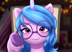 Size: 3106x2247 | Tagged: safe, artist:maren, imported from derpibooru, izzy moonbow, pony, unicorn, adjusting glasses, blurry background, bust, female, full face view, g5, glasses, high res, looking at you, mare, round glasses, smiling, solo, unshorn fetlocks