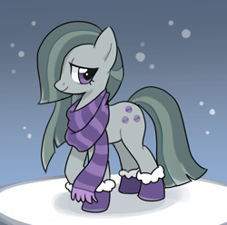 Size: 868x860 | Tagged: safe, artist:marbo, imported from ponybooru, marble pie, earth pony, pony, clothes, female, mare, mittens, scarf, smiling, snow, snowfall, solo