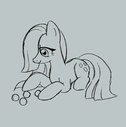 Size: 684x687 | Tagged: safe, artist:marbo, imported from ponybooru, marble pie, earth pony, pony, female, marbles, mare, monochrome, prone, smiling, solo