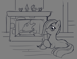 Size: 938x715 | Tagged: safe, artist:marbo, imported from ponybooru, marble pie, earth pony, pony, female, fire, fireplace, human and pony, implied human, looking at you, mare, monochrome, prone, smiling, solo