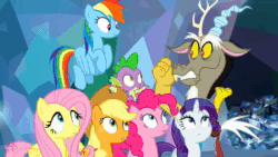 Size: 1920x1080 | Tagged: safe, edit, edited screencap, editor:zcord, imported from derpibooru, screencap, applejack, cozy glow, discord, lord tirek, pinkie pie, princess celestia, princess luna, queen chrysalis, rainbow dash, rarity, spike, starlight glimmer, alicorn, centaur, changeling, changeling queen, draconequus, dragon, earth pony, pony, taur, season 9, the ending of the end, animated, chains, crystal, female, letupita725hd, male, running, sound, talking, text, ultimate chrysalis, voice acting, webm, youtube link, zoom
