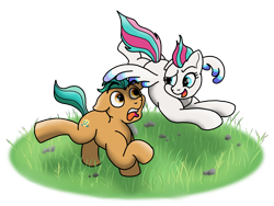 Size: 3304x2484 | Tagged: safe, artist:doodledonutart, imported from derpibooru, hitch trailblazer, zipp storm, earth pony, pegasus, pony, spoiler:my little pony: a new generation, flying, g5, grass, high res, my little pony: a new generation